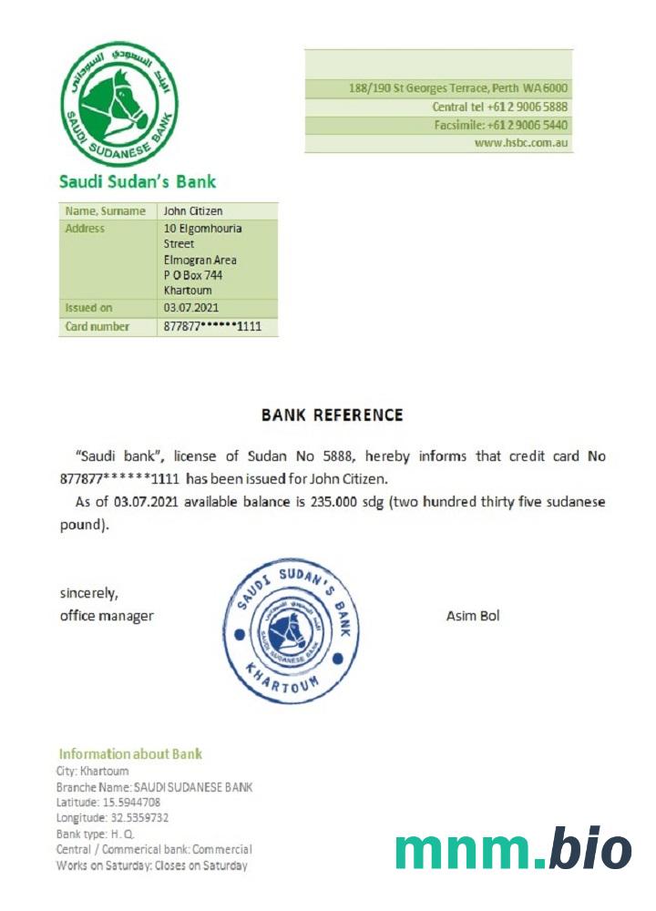Sudan Saudi Sudan' S Bank reference example in Word and PDF formats